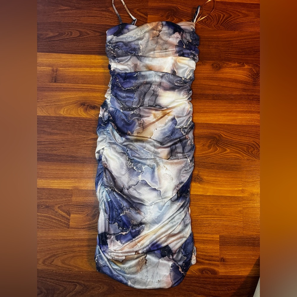 Blue Marble Print Sleeveless Mini Dress - Picture 2 of 6